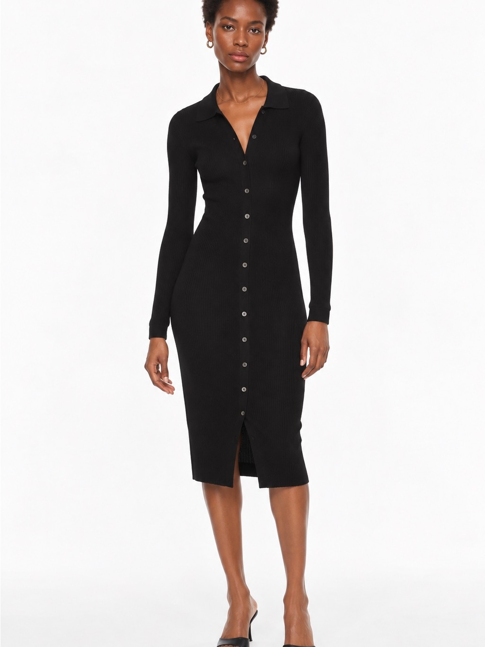 Aritzia Wilfred Cove Black Ribbed Button Front Sweater Dress Size L